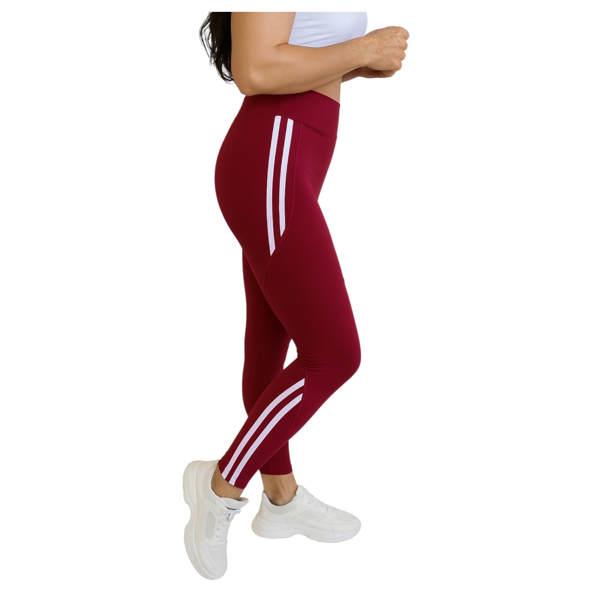 Women’s burgundy red high waisted leggings with side stripes, stretchy gym and casual wear